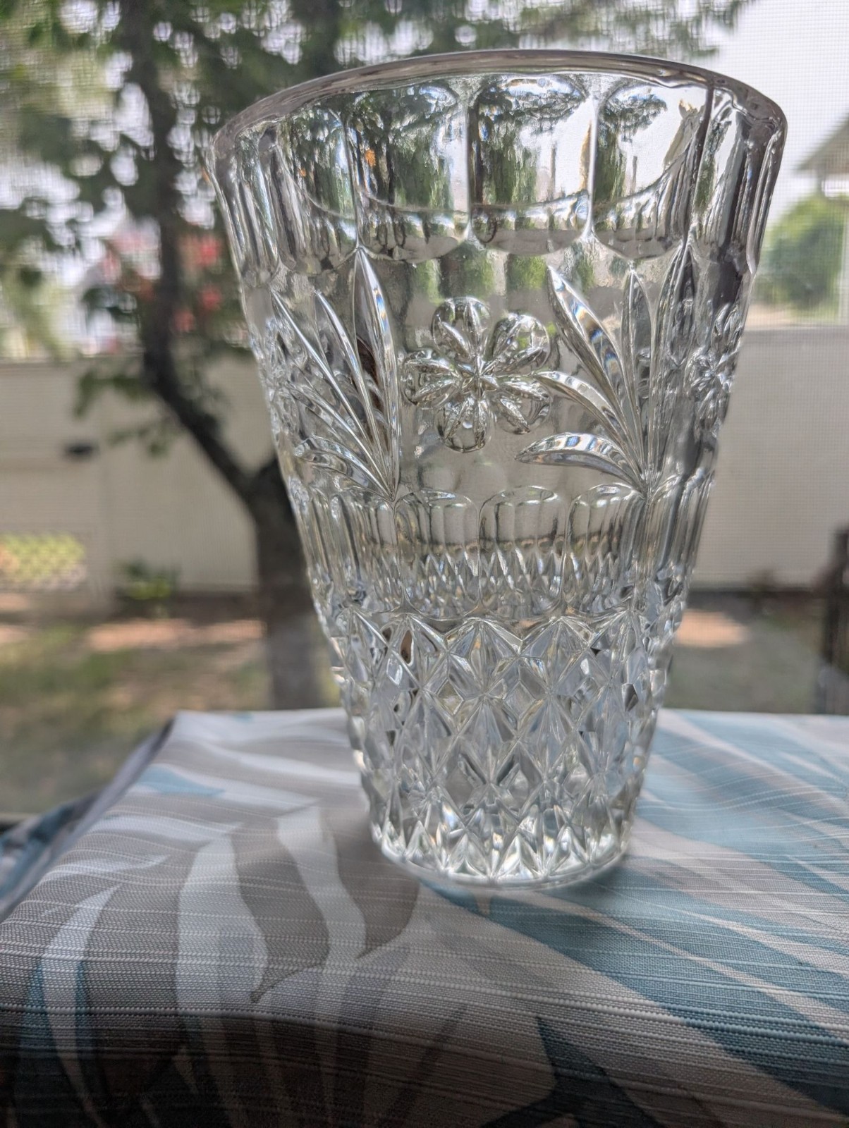 Vintage Cut Crystal Vase 7 in Geometric Floral Design Mid Century Modern