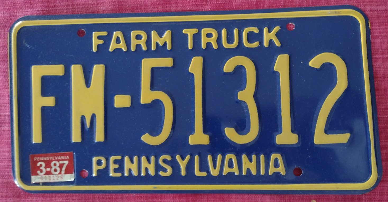 Vintage 1987 Pennsylvania Farm Truck License Plate PA FM-51312 Tag Stamped Vintage 1987 Pennsylvania Farm Truck License Plate PA FM-51312 Tag Stamped
