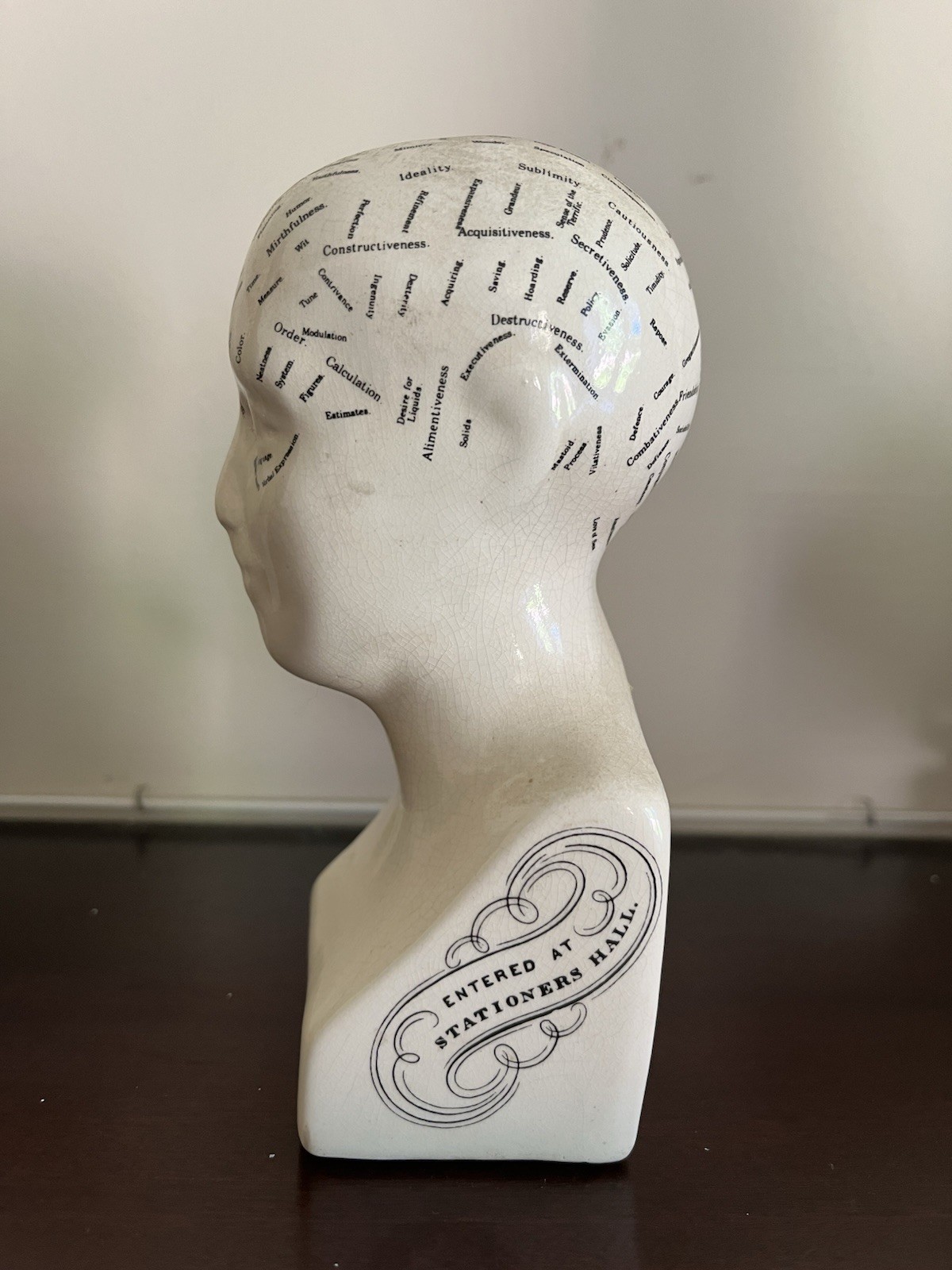 L N Fowler Antique Phrenology Head Ceramic Crackle Glaze, 16cm