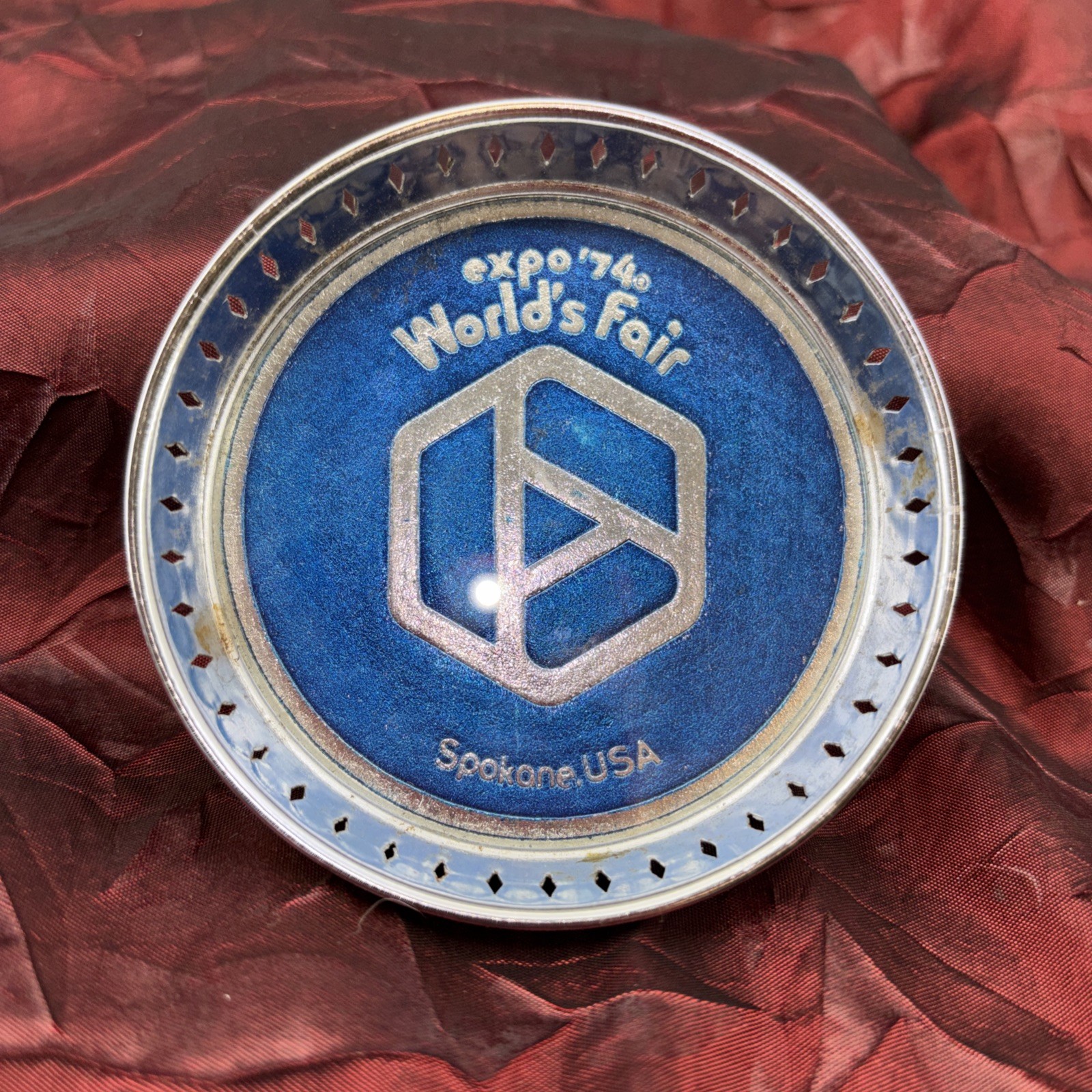 Vintage 1974 World’s Fair Spokane Washington Blue Metal Drink Coaster expo \'74