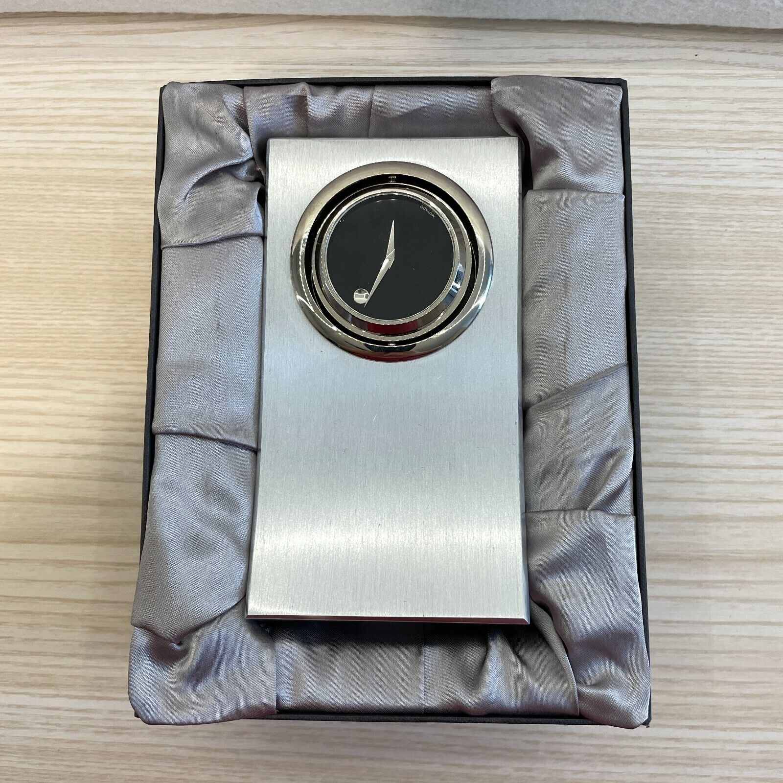 Movado Spinning Museum Silver Dial Steel Tower Desk Table Clock-With Box