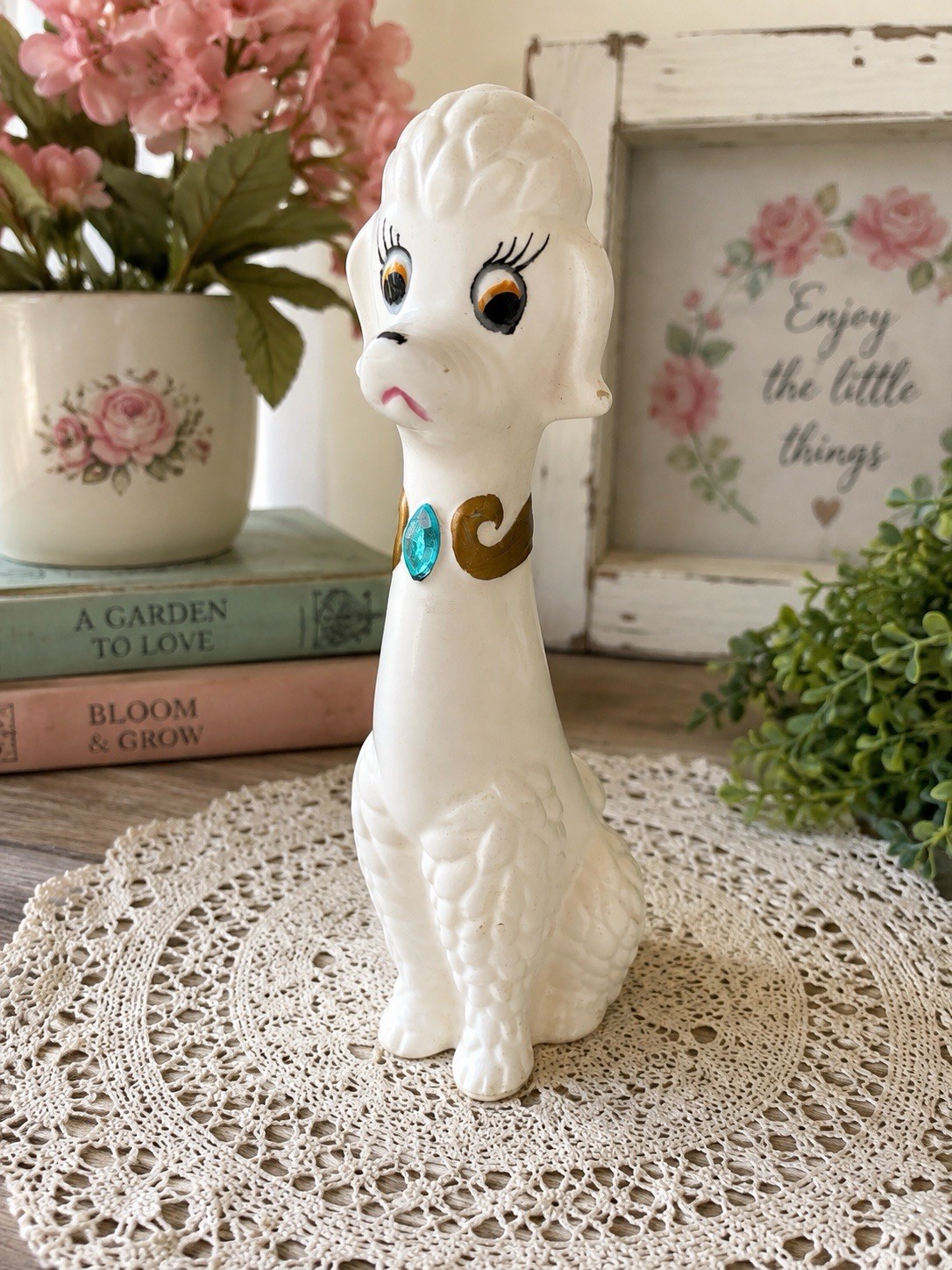 Vtg 50s Poodle Ceramic White Rhinestone Jewel Gold Lashes Japan Kitsch Napco