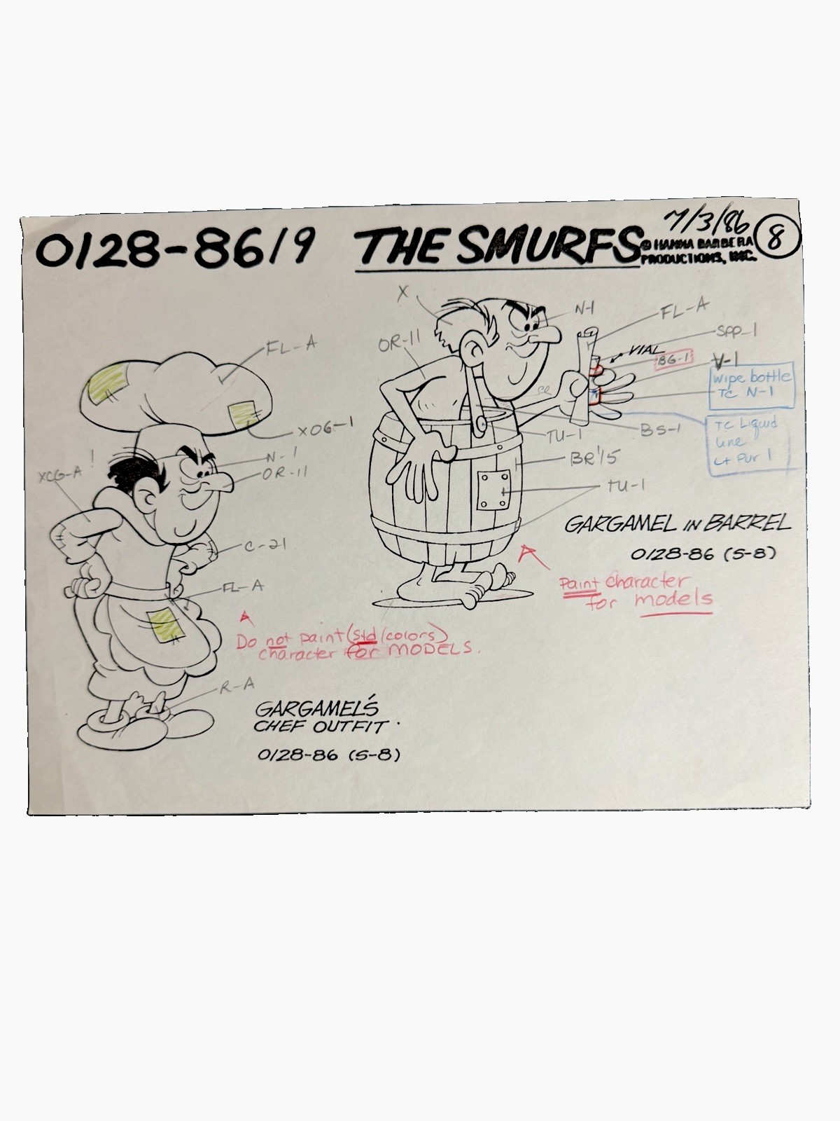 Vintage 1986 Hanna-Barbera Smurfs Model Sheet - Gargamel Chef Outfit & Barrel