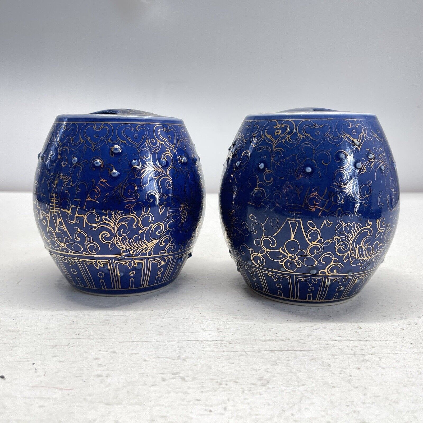 Vintage Pair of Chinese Kangxi Style Powder Blue Gold Gilt Garden Seat Jars
