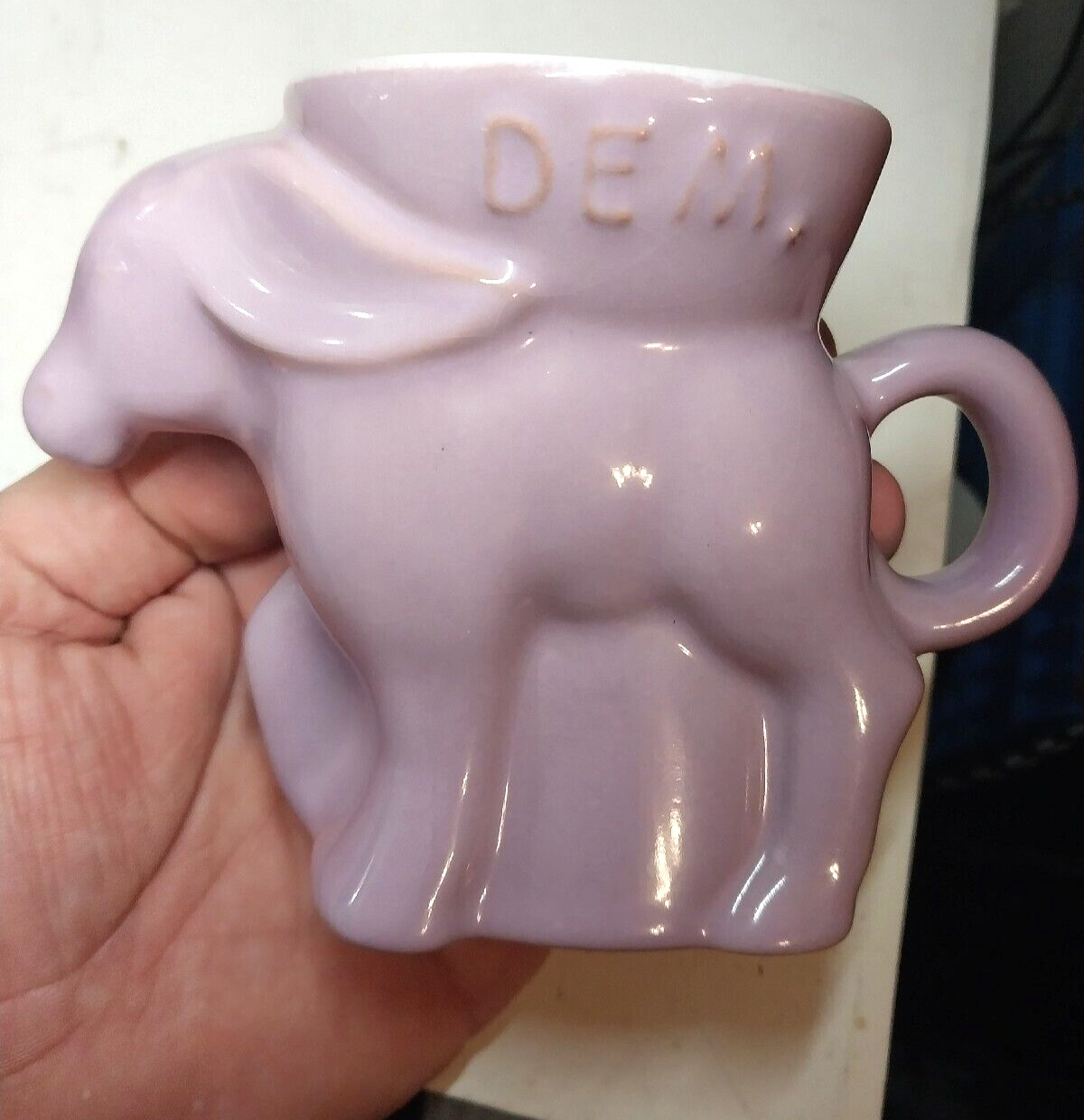 1983 FRANKOMA POTTERY LAVENDER DEMOCRAT DONKEY COFFEE MUG, 