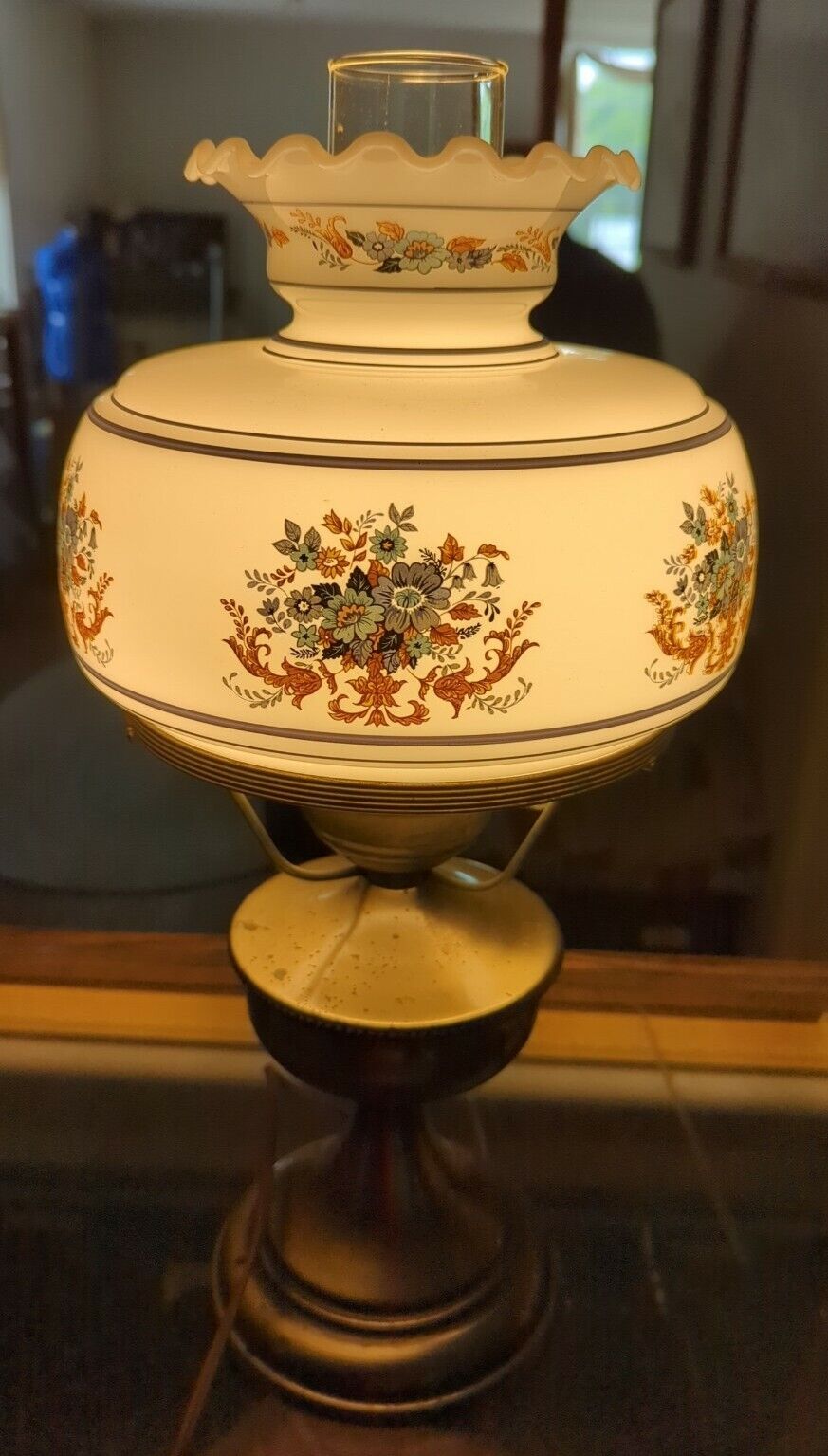 Gorgeous Vintage Original Hand-Painted Glass Hurricane Lamp Floral 18