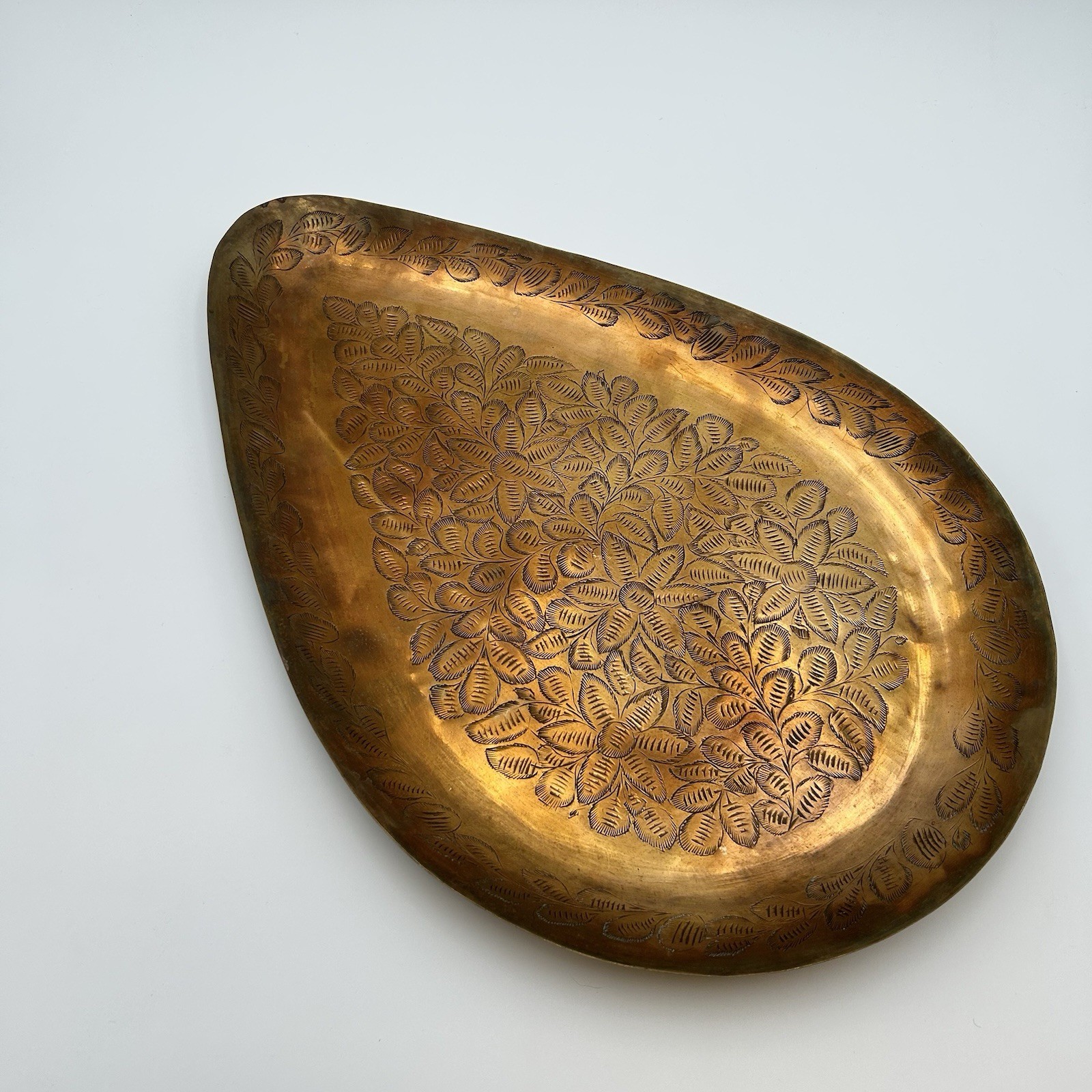 Vintage Persian-Indian Styled Tear Shape Ornately Engraved Brass Serving Tray