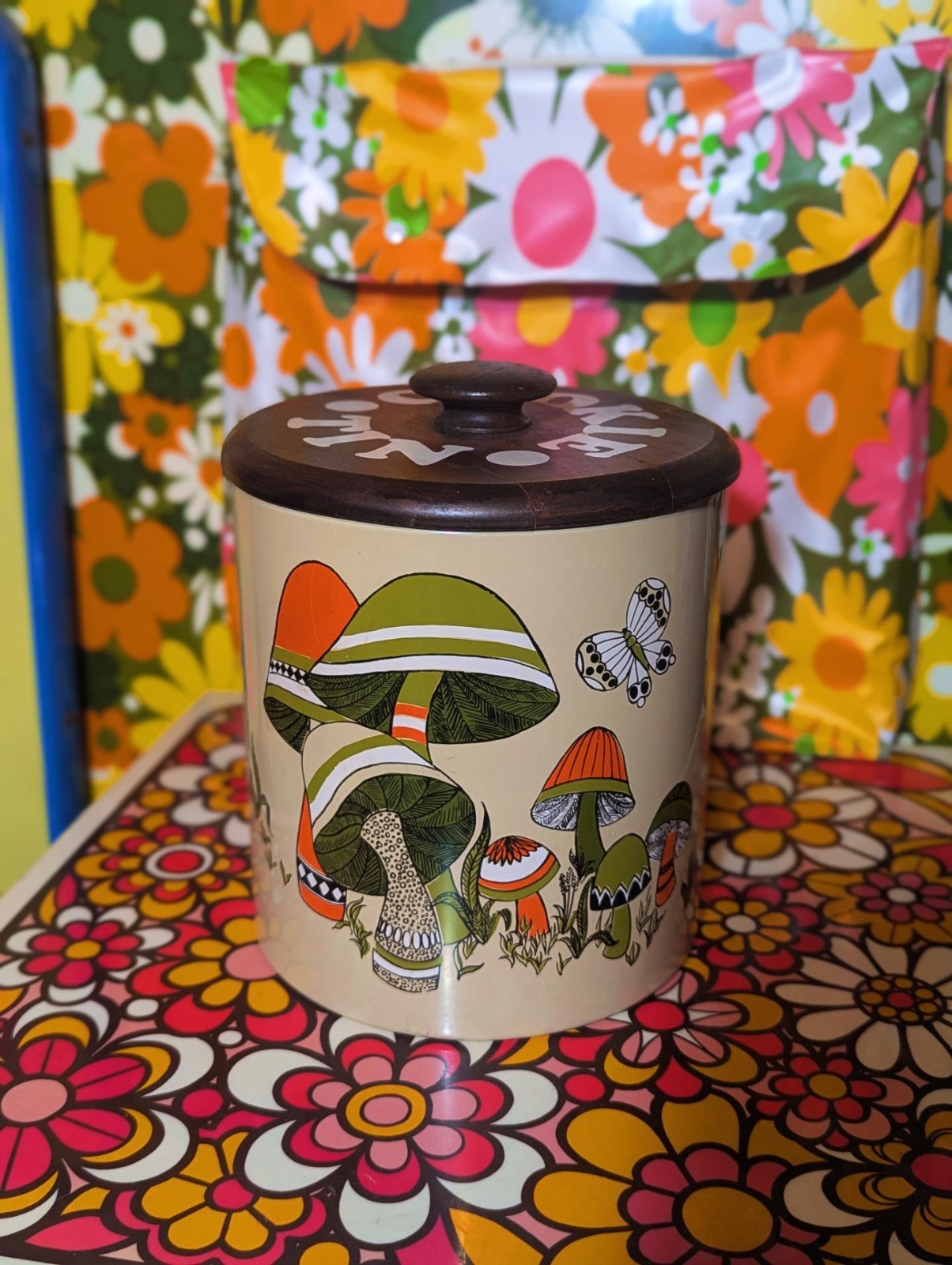 Ransburg tin cookie canister Butterfly Mushroom Vintage MCM 60s 70s Groovy Retro