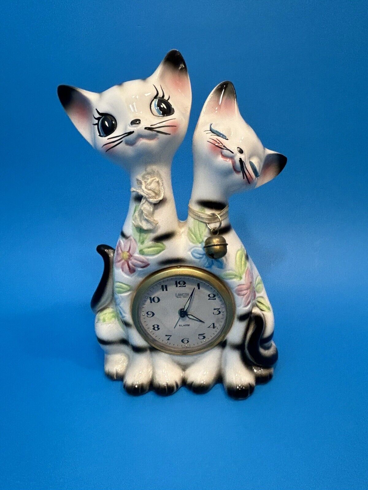 Vintage Landex Royal Craft Ceramic Porcelain Alarm Clock Siamese Cats 8 1/4”