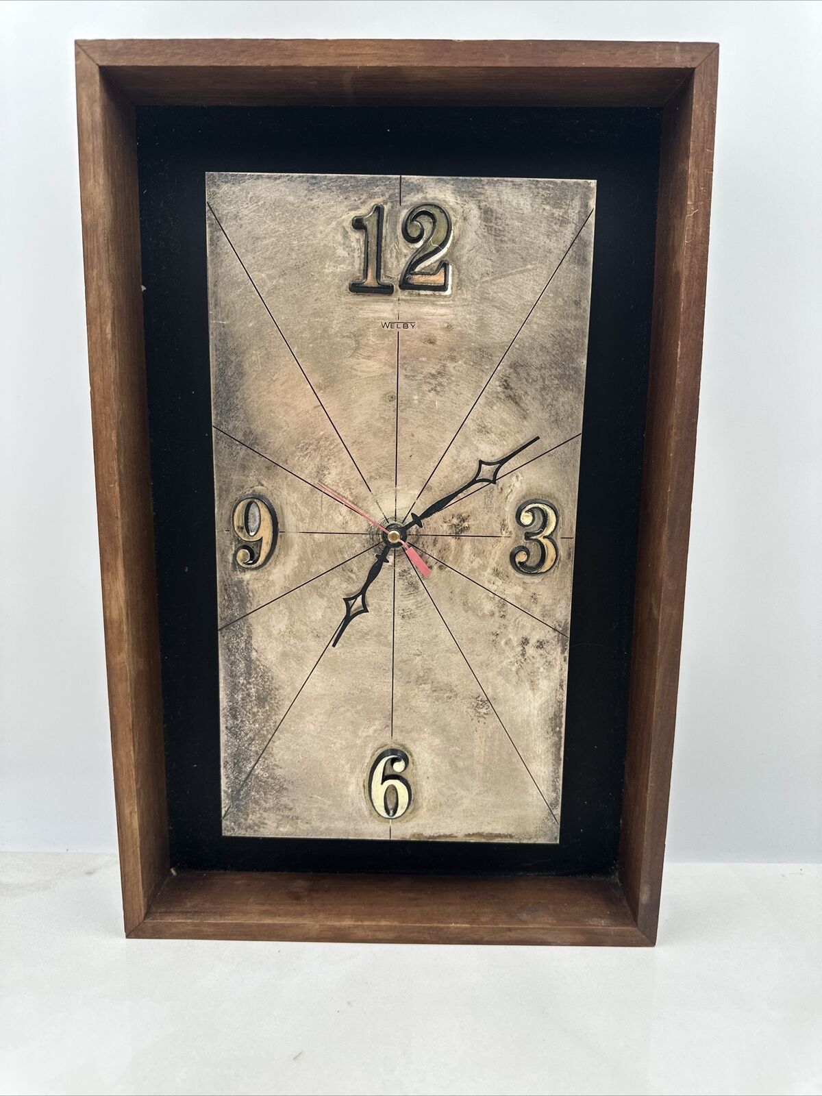 Vtg Welby MCM Mid-Century Brass Wood Shadowbox Frame Wall Clock - Works