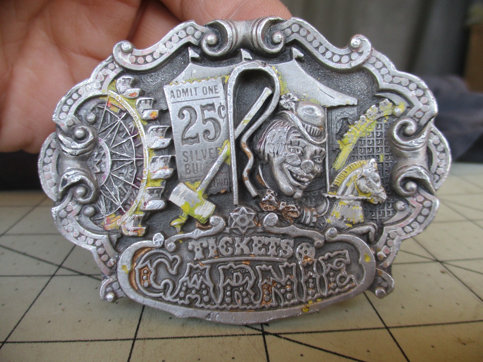 Vtg USA made CARNIE Belt Buckle Carnival Scene, Clowns, Tickets, Numbered Circus