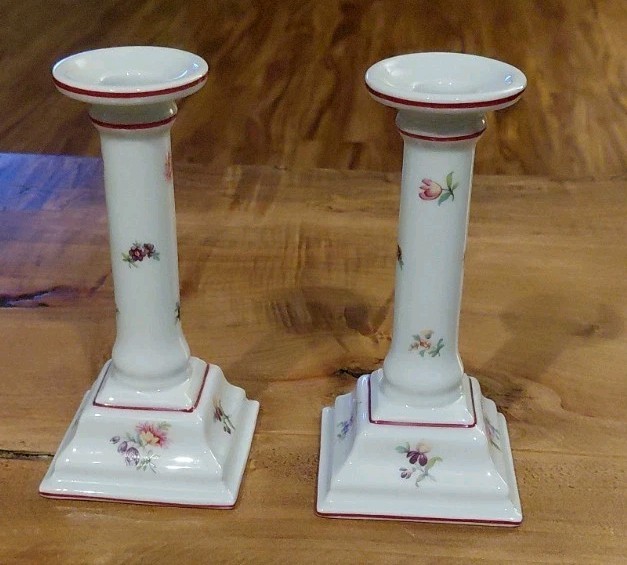 Vintage Pair Porcelain Hand Painted Floral Vista Alegre Portugal Candlesticks Vintage Pair Porcelain Hand Painted Floral Vista Alegre Portugal Candlesticks