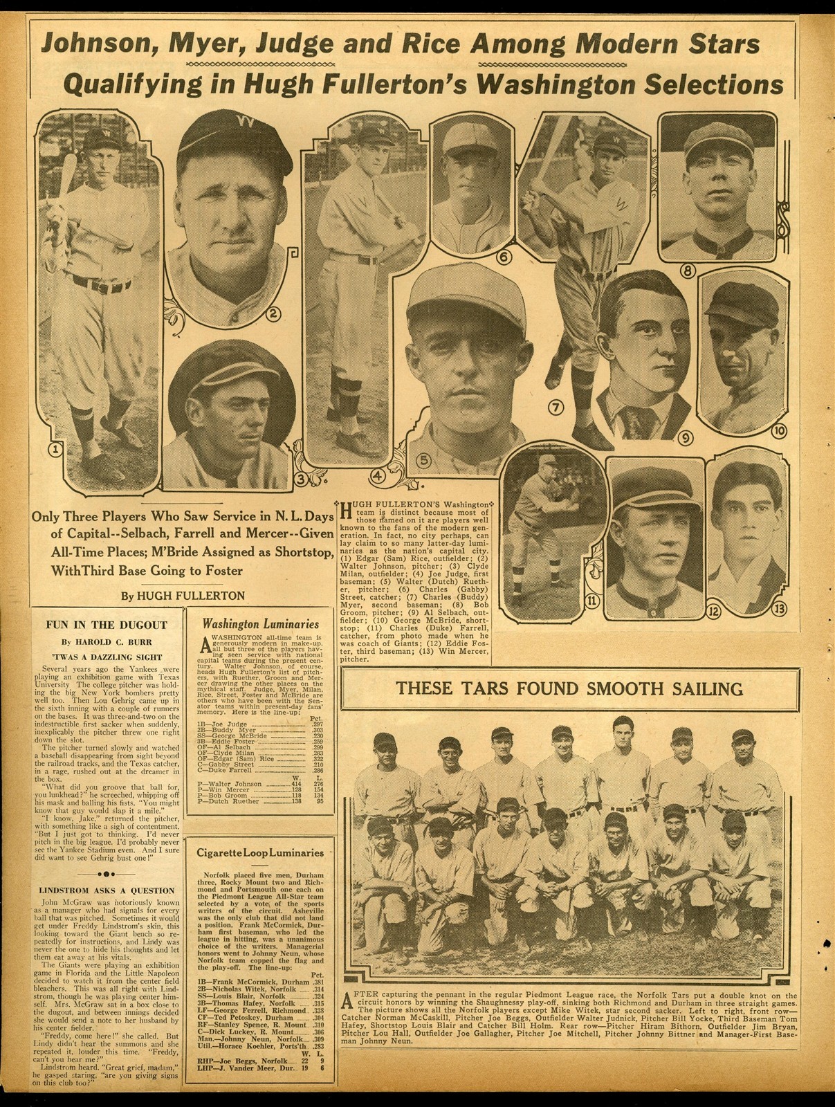 1936 Walter Johnson Norfolk Tars Piedmont Maranville 12x16 Newspaper Article N32