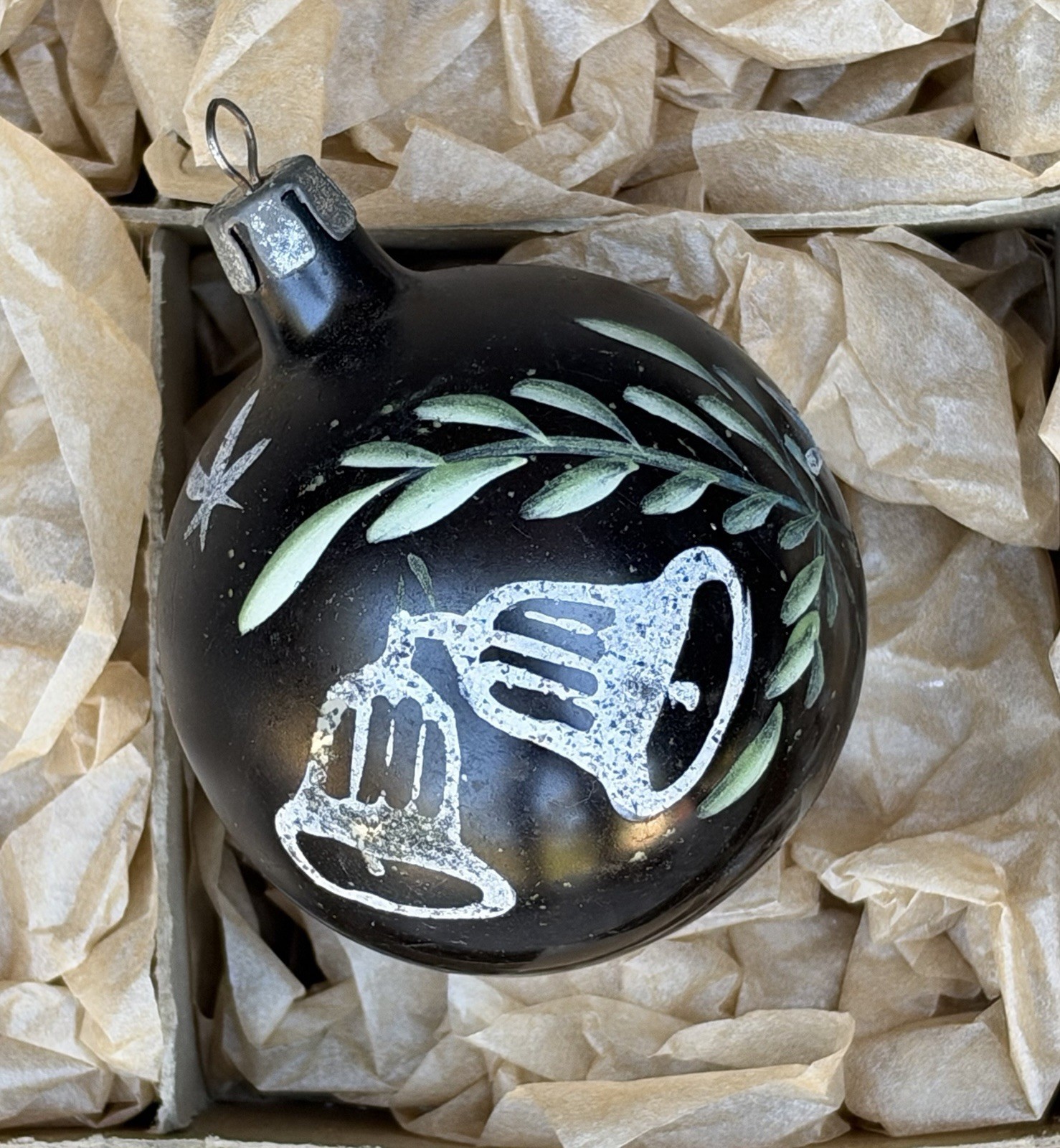 Vintage Poland Black Opaque Bell Mica Stencil Glass Ornament, Rare Vintage Poland Black Opaque Bell Mica Stencil Glass Ornament, Rare