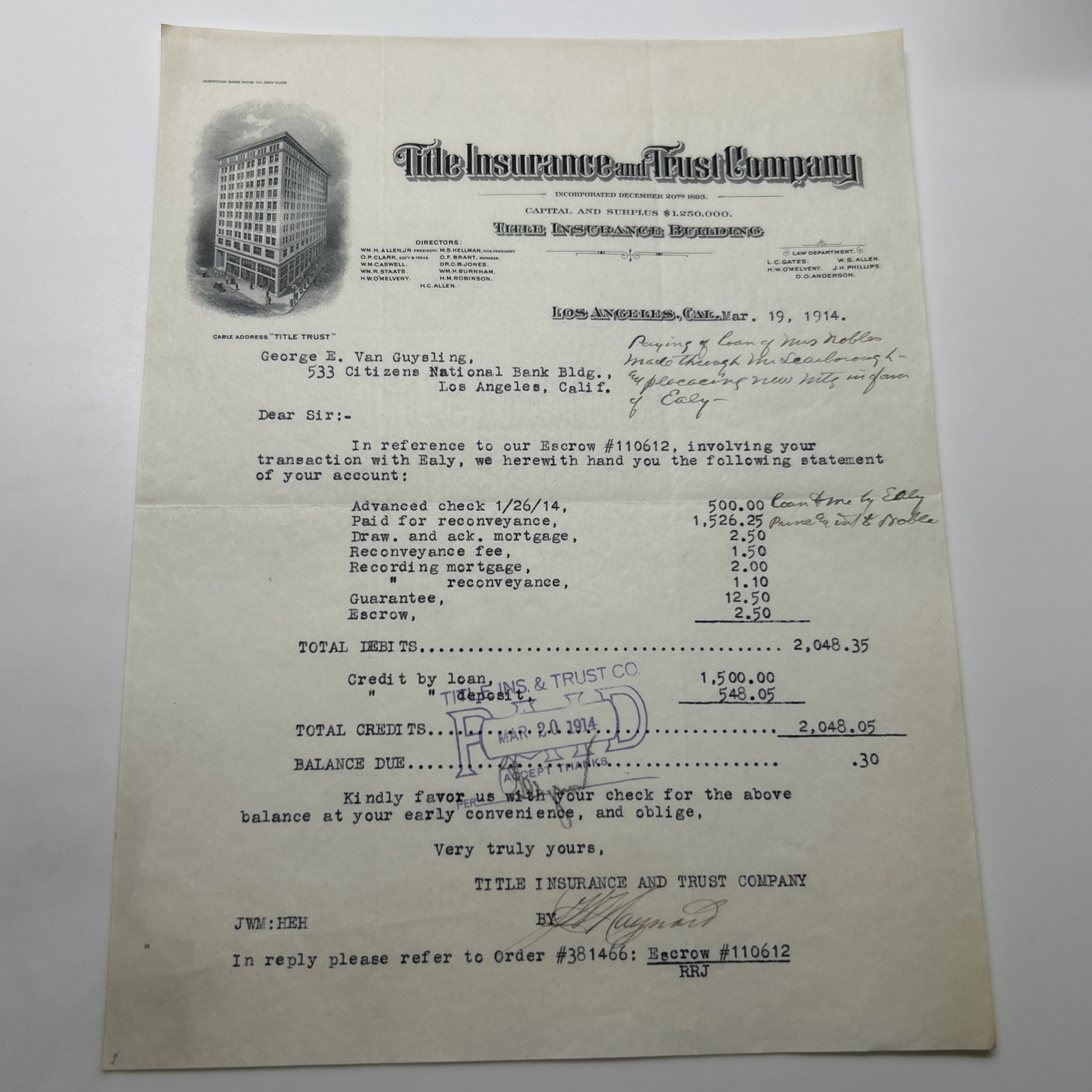 Antique Letterhead/ Billhead -1914 Los Angeles Title Insurance and Trust Co