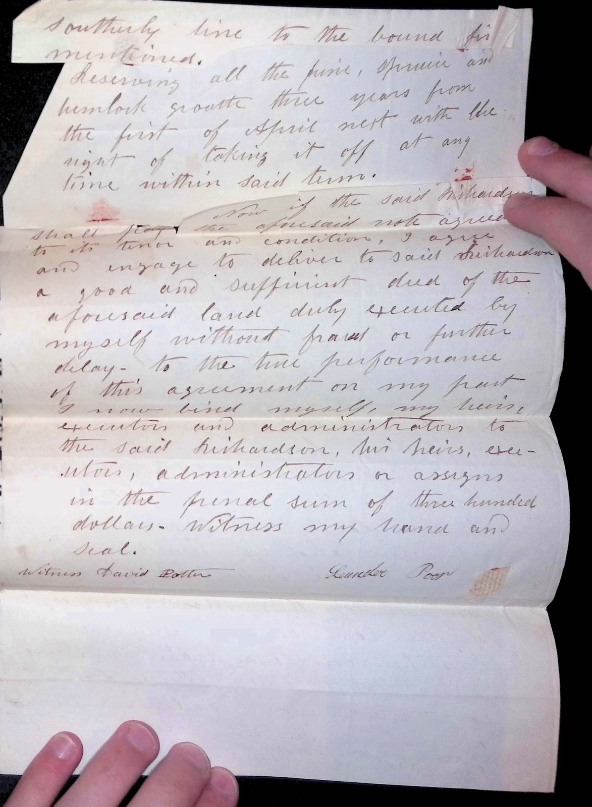 1855 Maine Handwritten Indenture Land & Timber Contract Lumber Poor Sebago 1855 Maine Handwritten Indenture Land & Timber Contract Lumber Poor Sebago