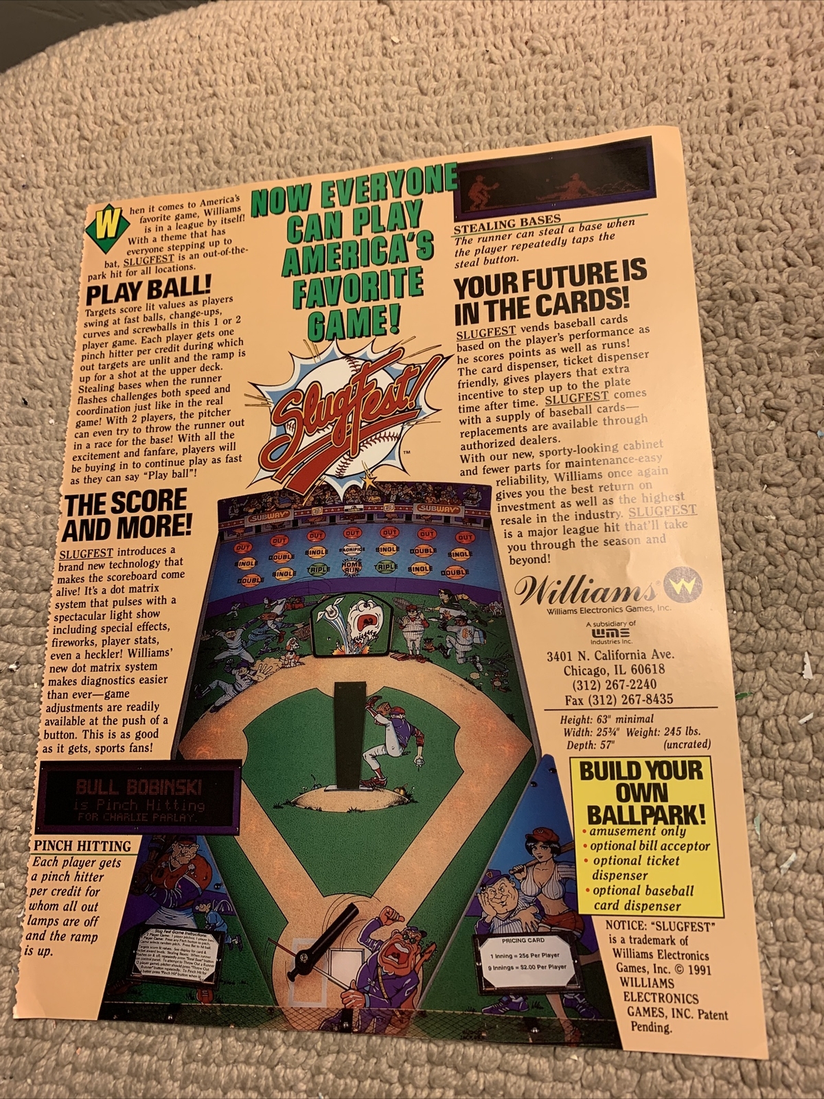 11-8 1/4” Slugfest Williams Baseball ARCADE GAME FLYER