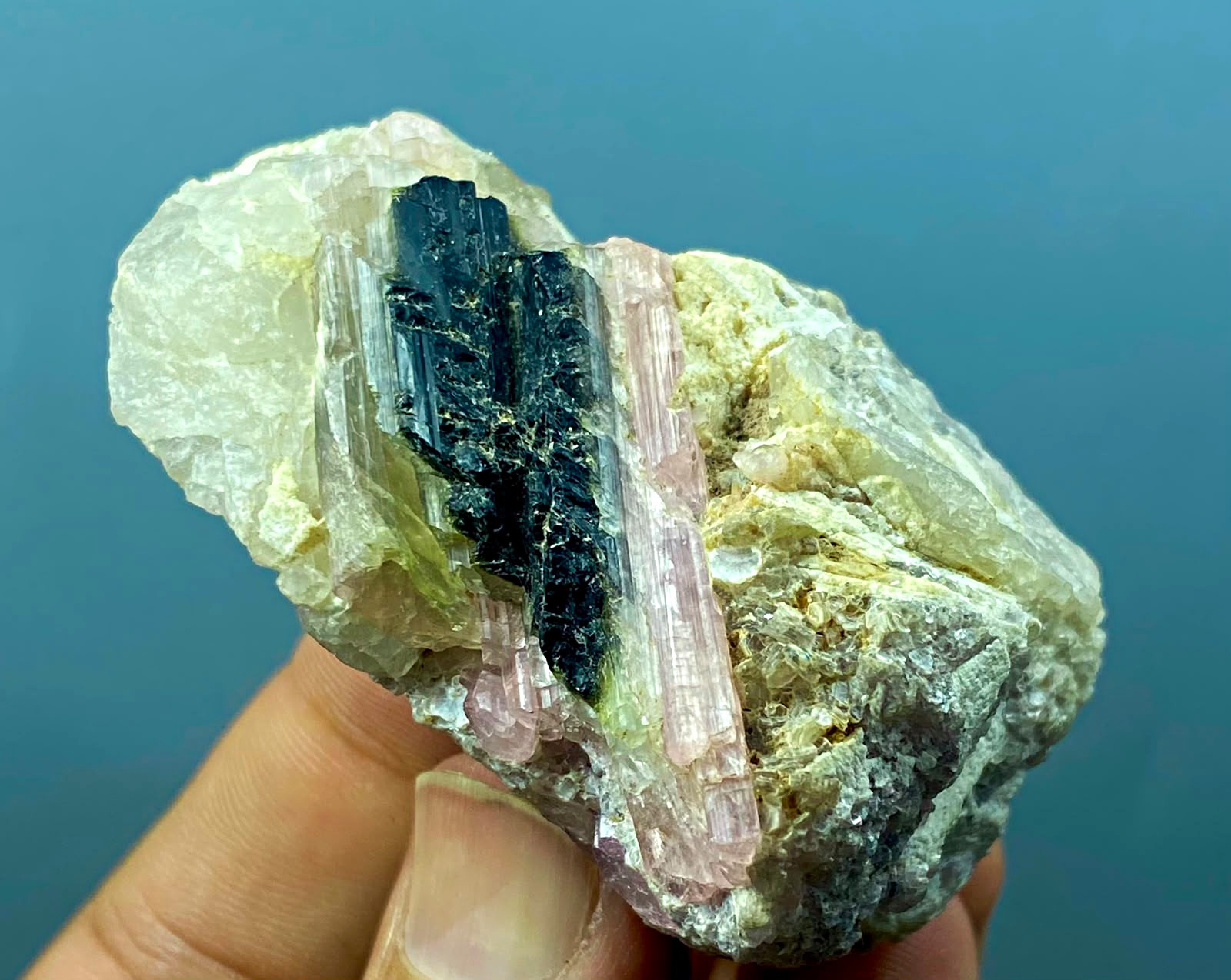 natural pink tourmaline with black tourmaline on matrix crystal specimen384ct