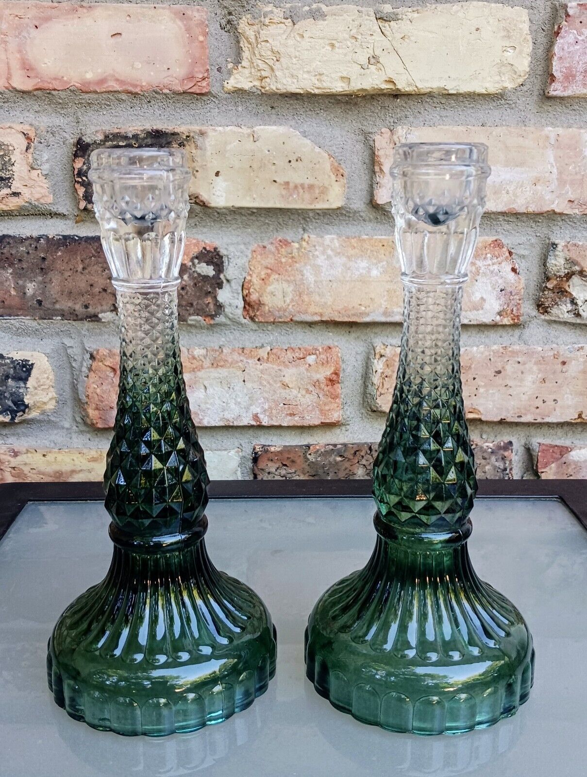 Beautiful Pair Unique Vintage Ombre Green Diamond Point Taper Candle Holders.  