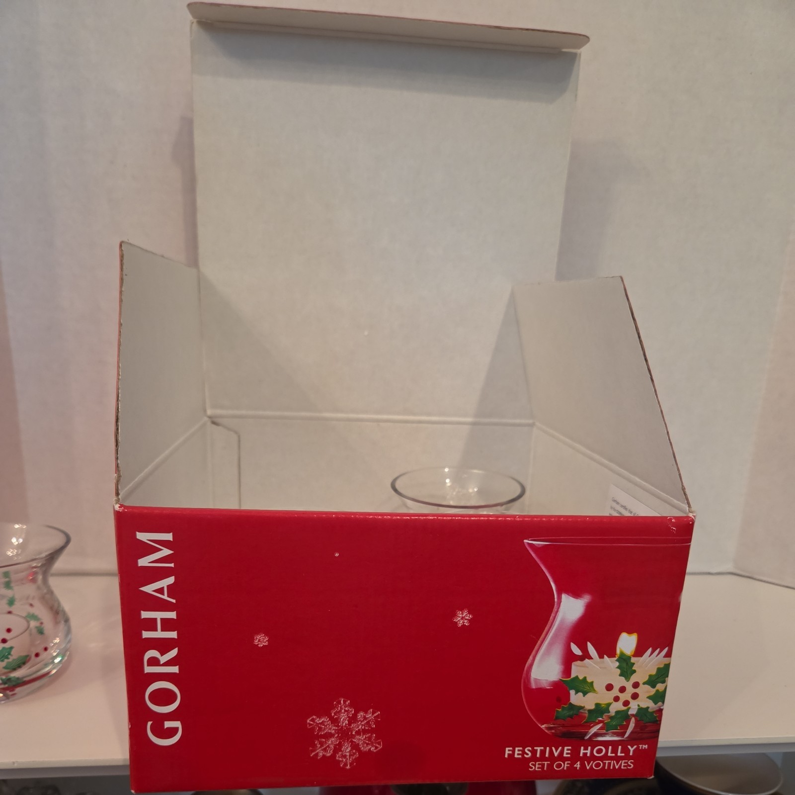4 Gorham Festive Holly Crystal Tealight Holders. New in Original Box. Mint. 