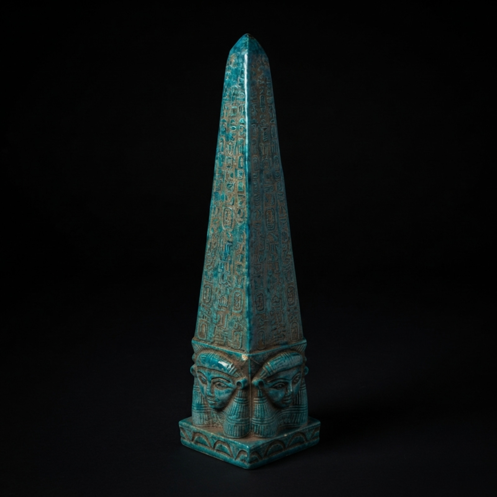 HANDCRAFTED ANCIENT EGYPTIAN BLUE Faience Obelisk Goddess Hathor Face Statue