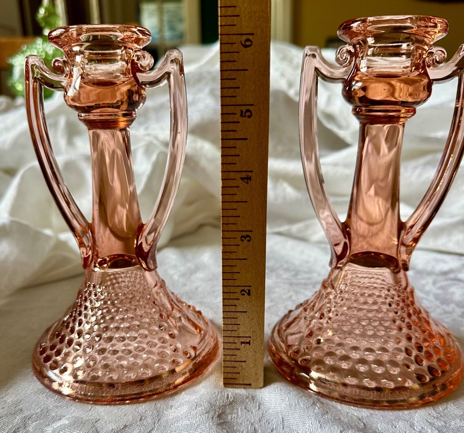 Vintage Pair of Pink Depression Glass Candlestick Candle Holders with Handles 