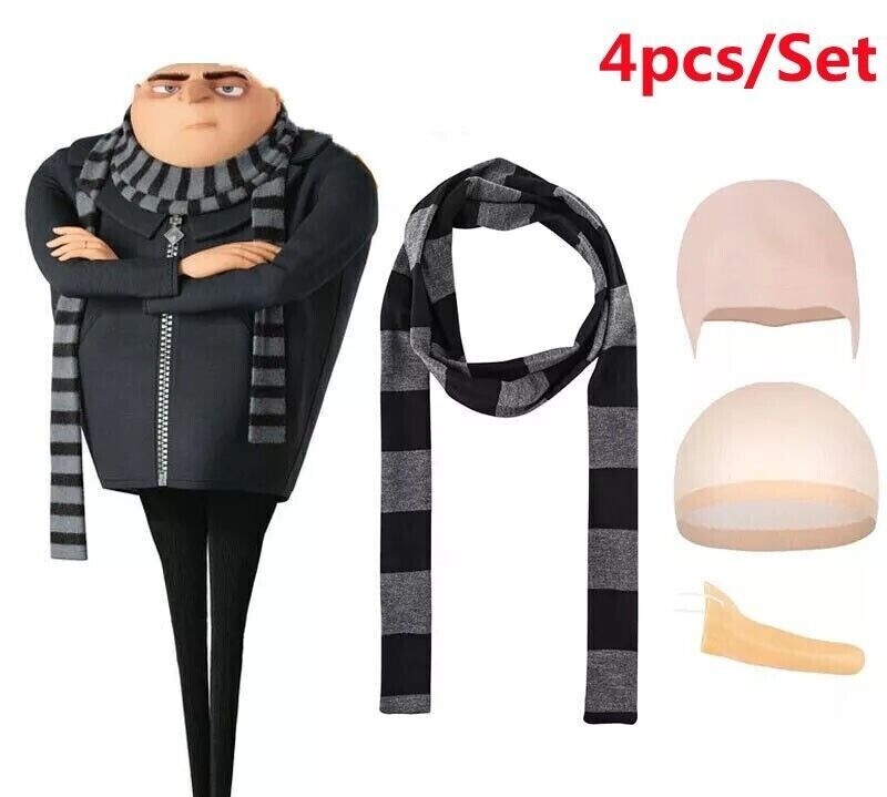 Despicable Me Gru Halloween Cartoon Cosplay Costume Bald Cap Scarf Nose 4Pcs