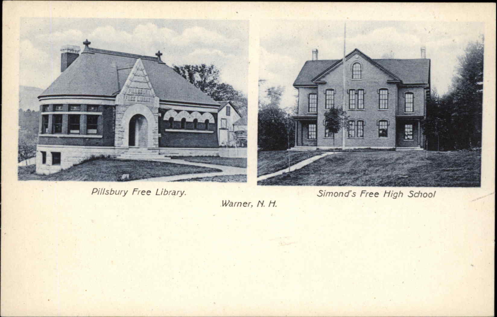 Warner NH Pillsbury Library Simond\'s High School c1910 Vintage Postcard