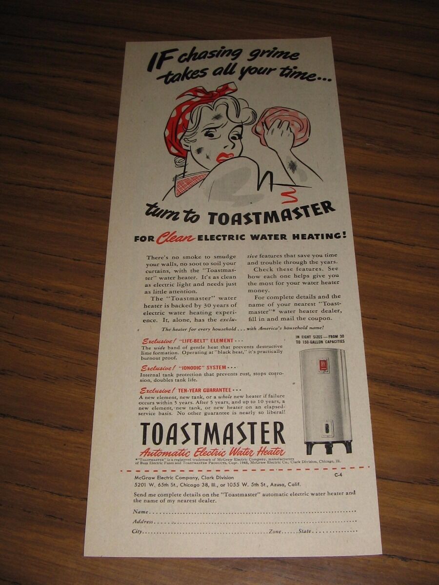1948 Print Ad Toastmaster Automatic Electric Water Heaters McGraw