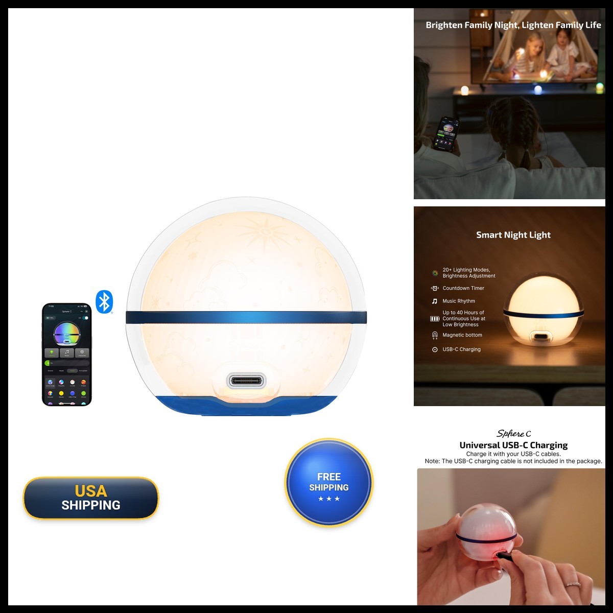 OLIGHT Sphere C Smart Night Light, USB-C Rechargeable RGB App Control