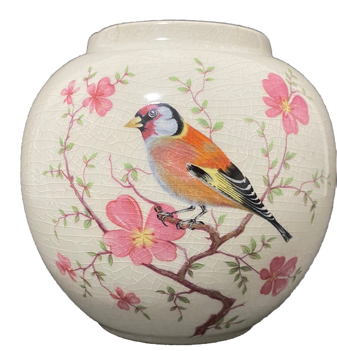 Vintage Arthur Wood Vase Ginger Jar Goldfinch Apple Blossoms  #5874 1960\'s
