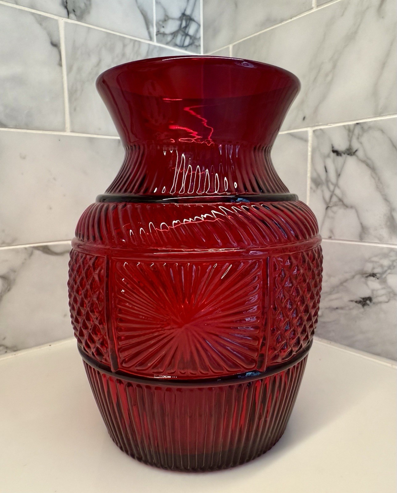 Vintage Signed Pairpoint Ruby Red Glass Vase Diamond & Sunburst Pressed Pattern