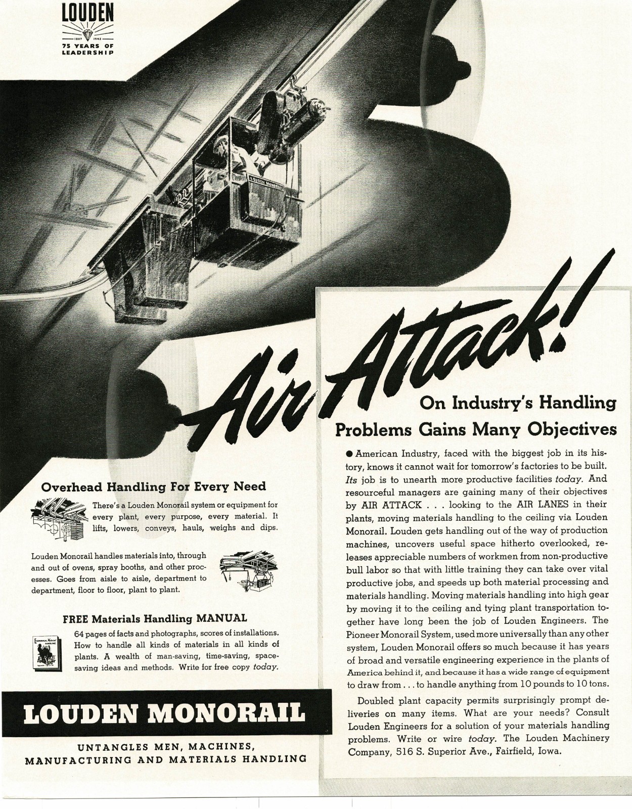 1942 Louden Monorail Air Attack Overhead Material Handling Vintage Print Ad