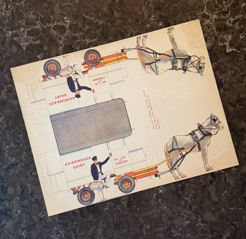 Vintage ADIRONDACK DAIRY Paper Cut Out Toy Sheet - Horse Drawn Milk Wagon UNCUT Vintage ADIRONDACK DAIRY Paper Cut Out Toy Sheet - Horse Drawn Milk Wagon UNCUT