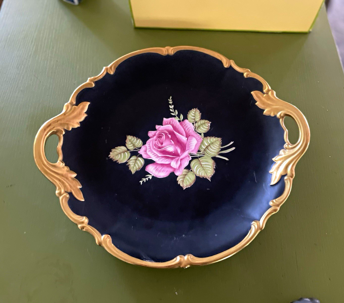 RARE VTG Black Beauty Hand Painted Floral Round Porcelain Tray made in Germany