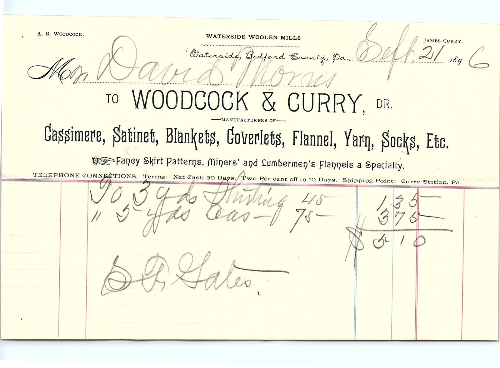 Vintage 1899 Woodcock & Curry Waterside PA Billhead