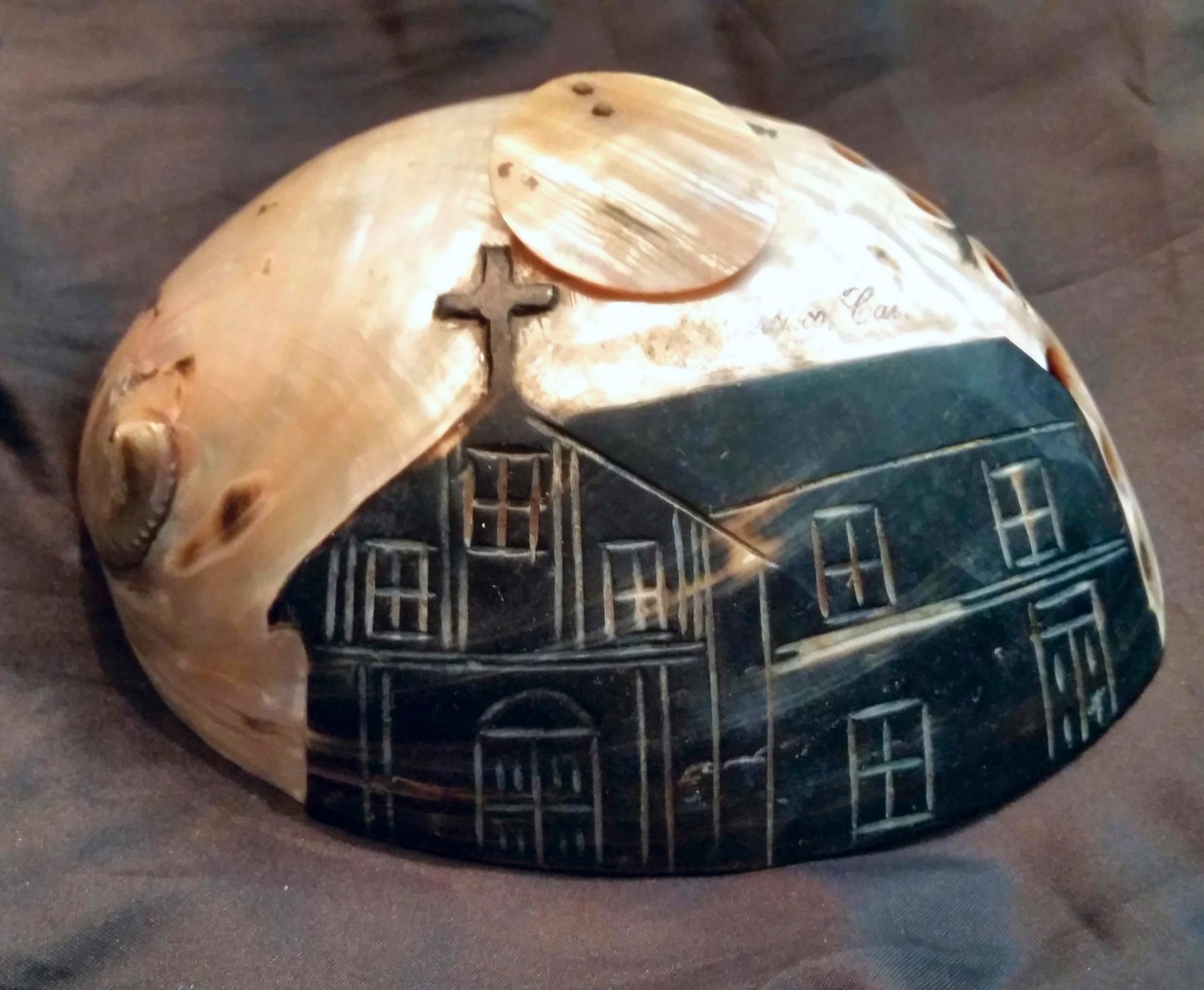 Antique Hand Carved Mother of Pearl Seashell Mission Scene San Francisco Antiq.