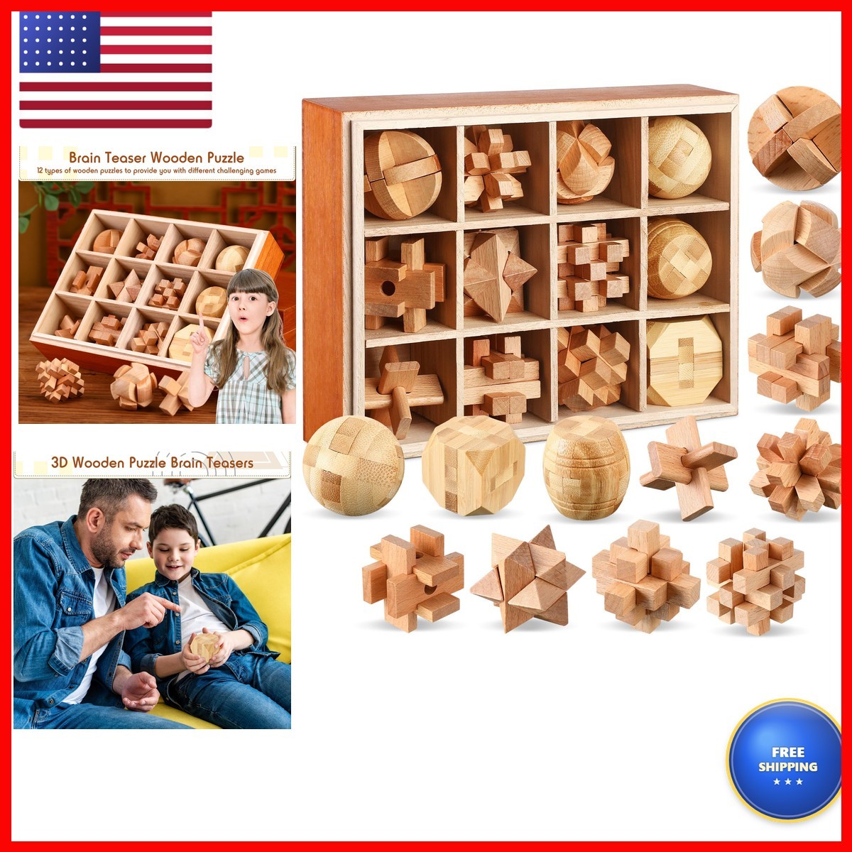 Yilloog 12 Pcs Wooden Brain Teaser Puzzles Set, 3D Logic Games For Adults