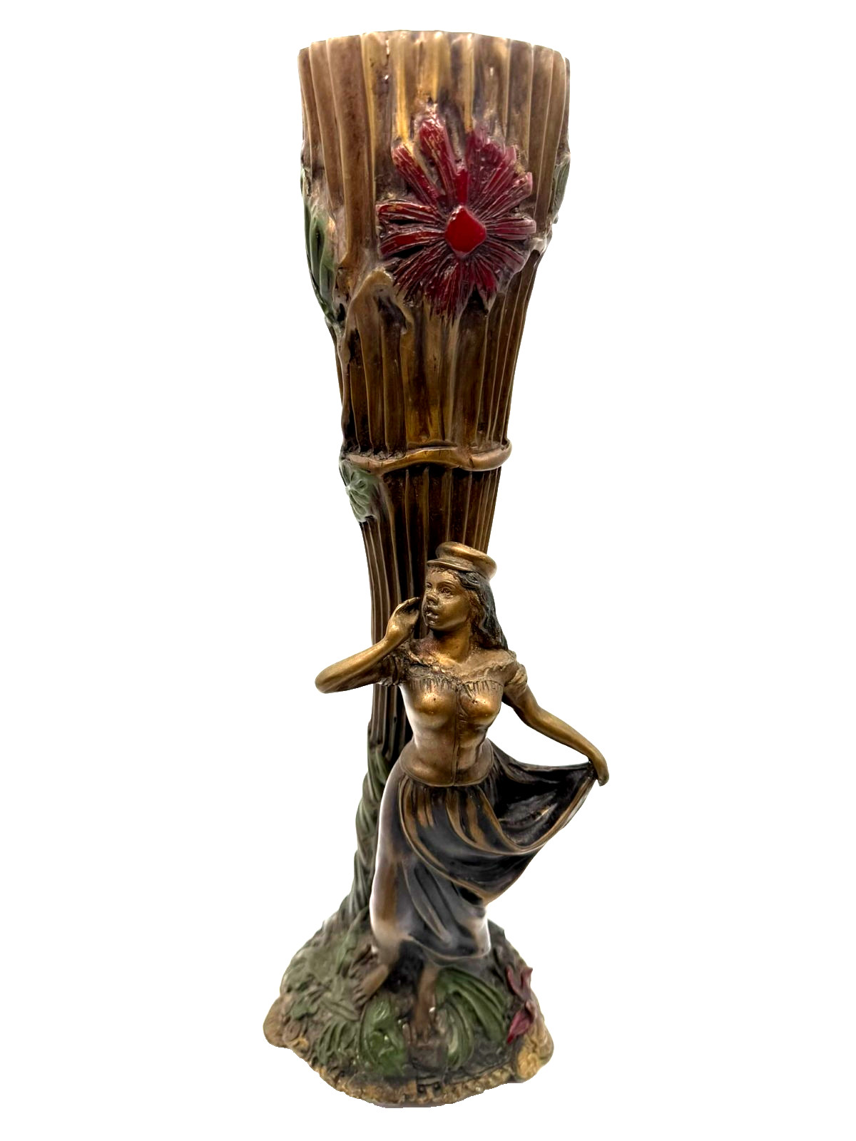 Antique Art Nouveau Figural Woman Maiden Bronze Flower Vase 16.25 Antique Art Nouveau Figural Woman Maiden Bronze Flower Vase 16.25