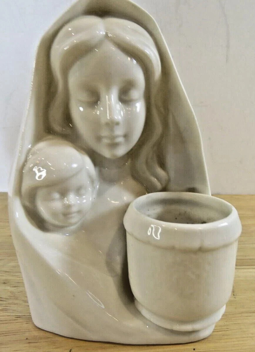 Vintage Virgin Mary Jesus Ceramic Votive Succulent Holder Japan White Madonna