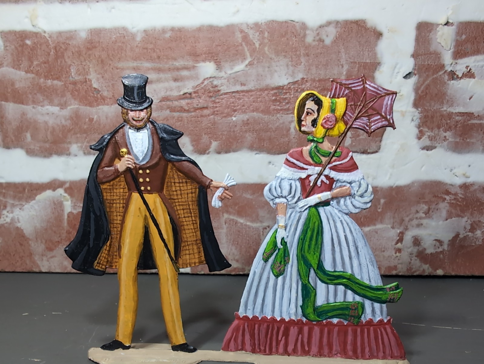 Vintage German Hand Painted Zinn Flat Tin Victorian Couple Figurines Signed