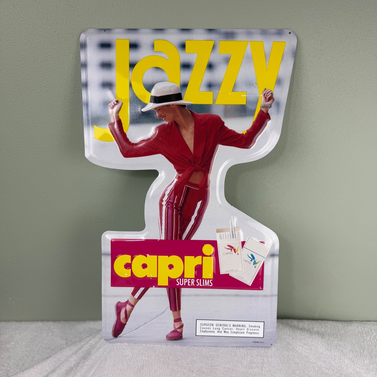 Vintage 1993 Capri Super Slims Jazzy Metal Tobacco Sign Die Cut Embossed 19.5x13