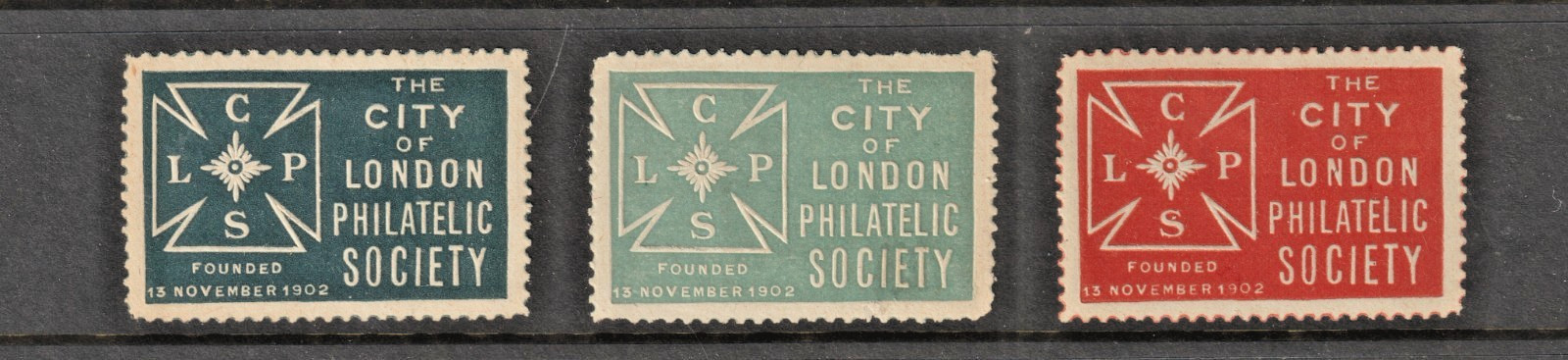 UK London Philatelic Society  3 Vintage Poster stamps / Labels  VF MNH