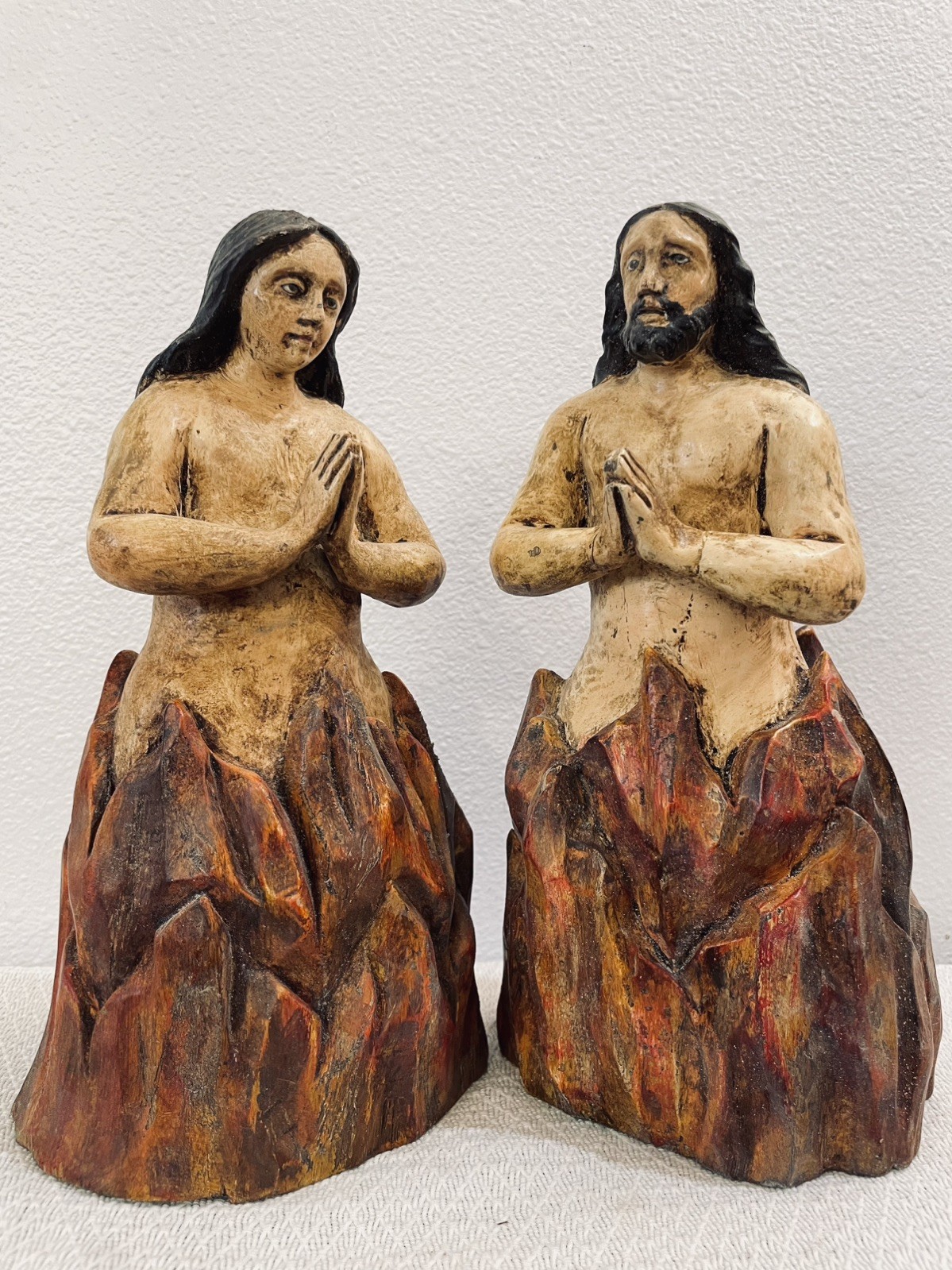 VINTAGE PAIR OF HAND CARVED PAINTED WOOD SOULS IN PURGATORY \