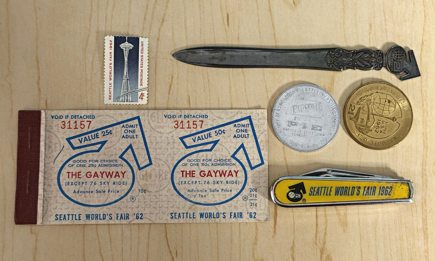 1962 Seattle World's Fair Lot Tickets Stamp Coin Token Letter Opener Knife