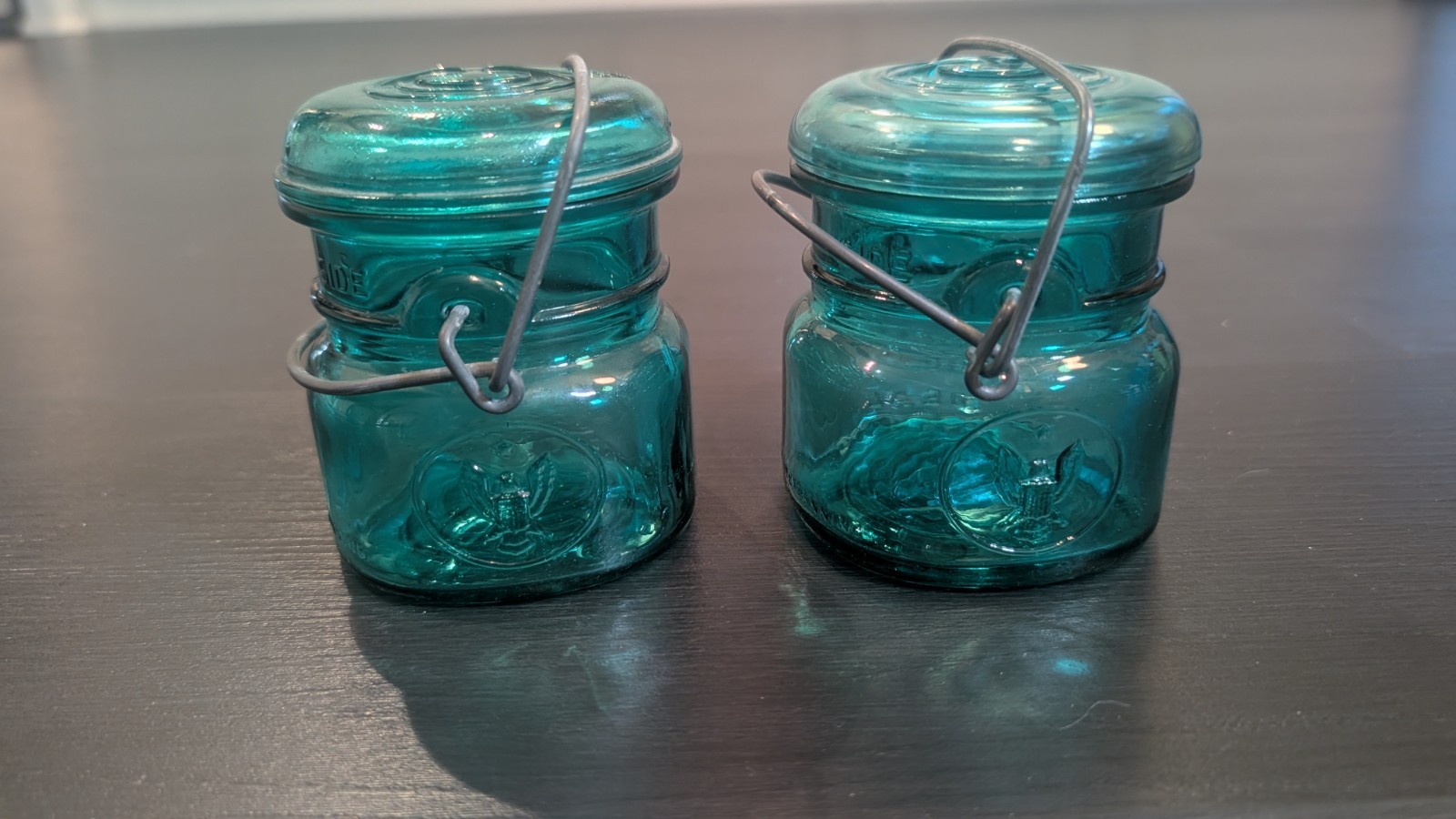 2 VTG teal blue Ball IDEAL Pint Bicentennial Jars with Iconic Eagle design