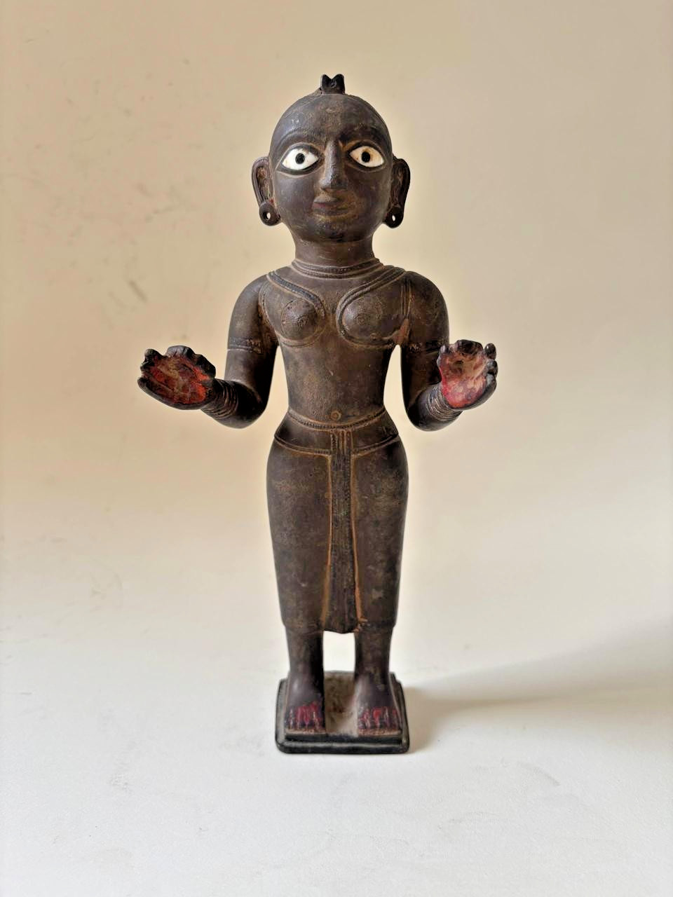 Antique Indian Bronze Standing Hindu Devotional Figure Statue Inlaid Eyes 9.5\
