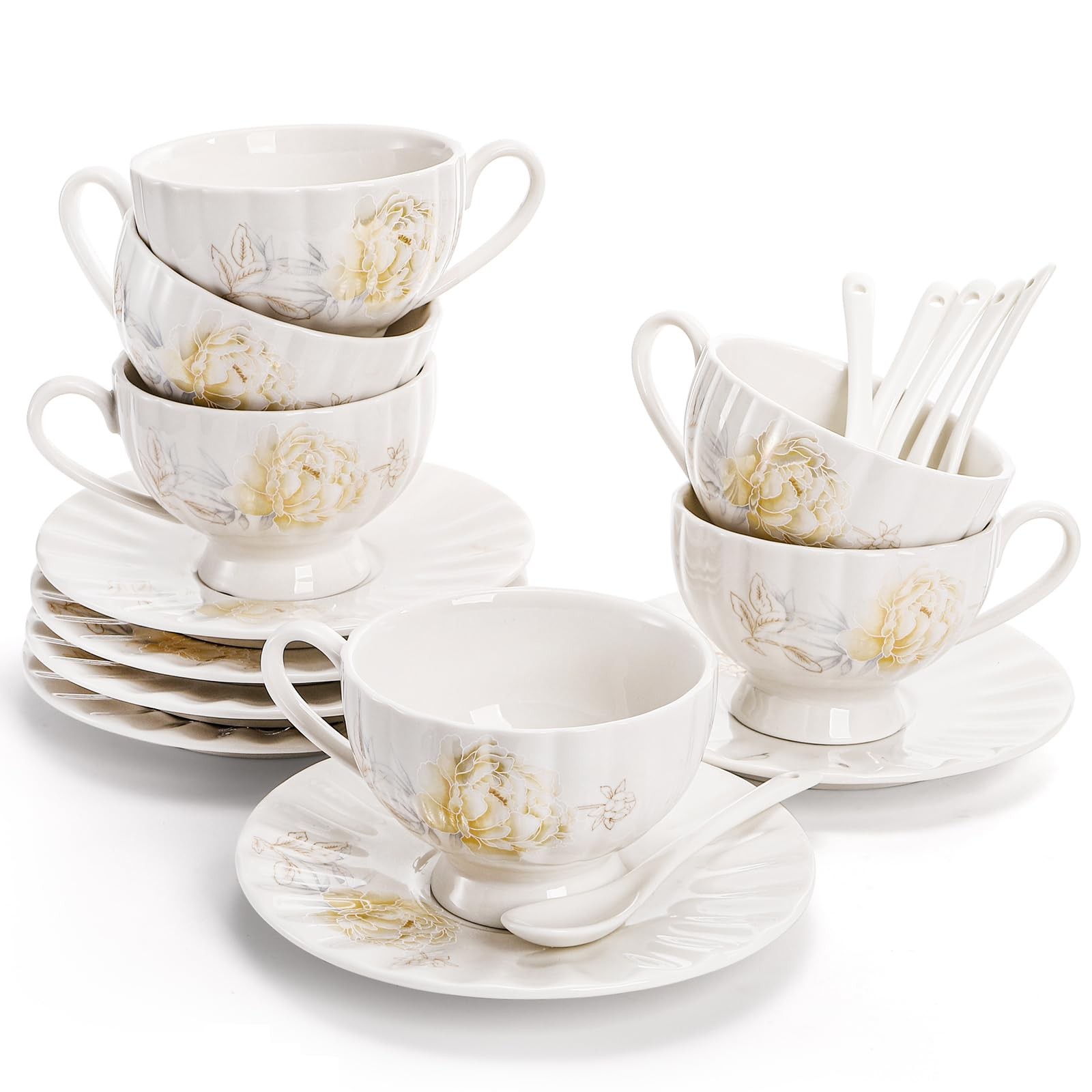 WRINGKIT Tea Cups Saucers Set 6 7oz Floral White Porcelain WRINGKIT Tea Cups Saucers Set 6 7oz Floral White Porcelain