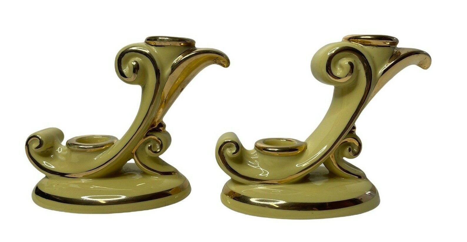 Pair Abingdon Pottery Candle Holders Yellow and Gold Double Taper Candlesticks 