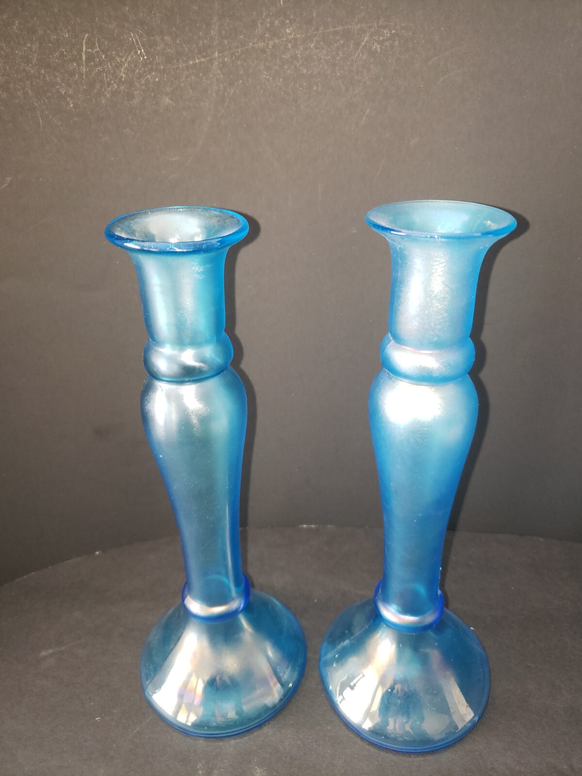 Vintage Dugan Pair Irridescent Blue Candlestick Holders